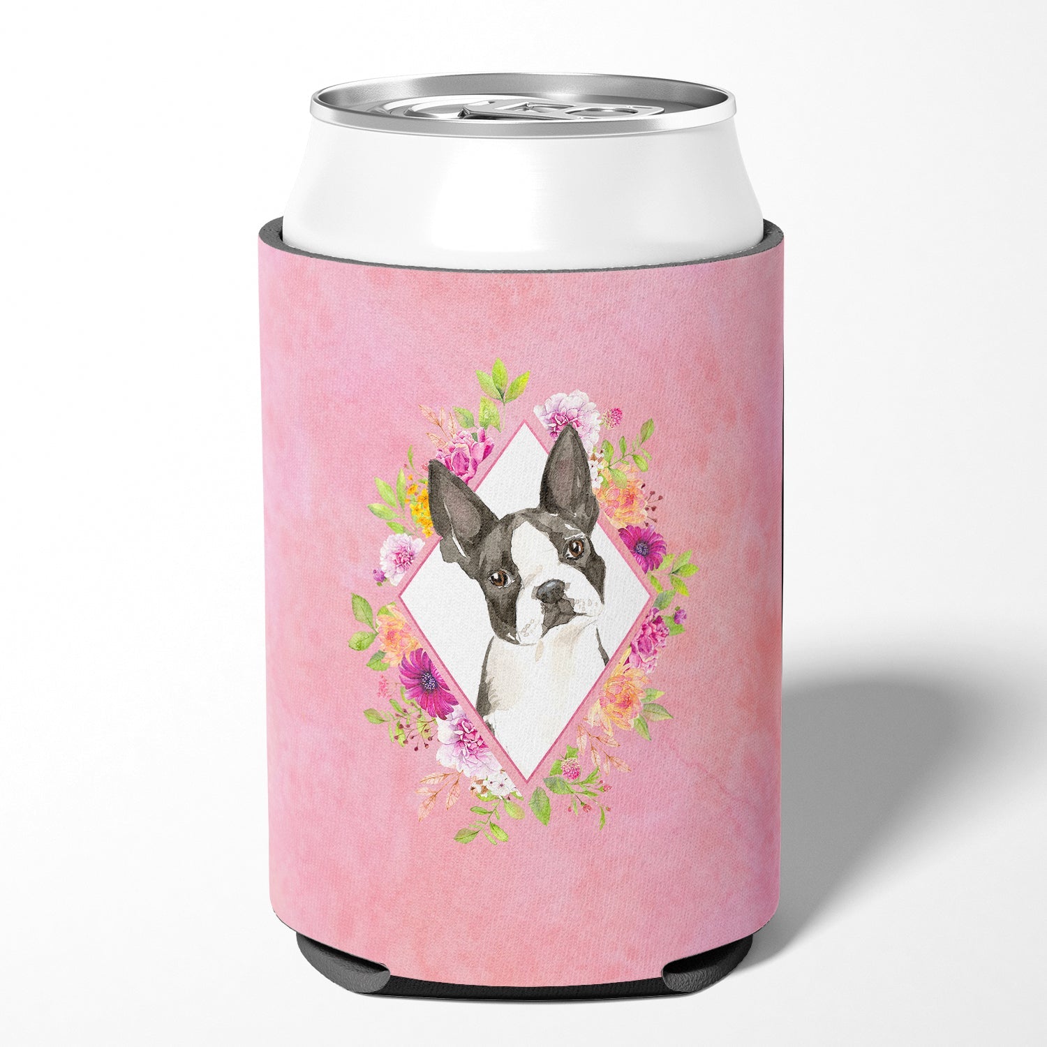 Boston Terrier Pink Flowers Can or Bottle Hugger Cooler Sleeve for Standard 12 oz Cans, Insulated Foam Beer & Soda Can Hugger Reusable
