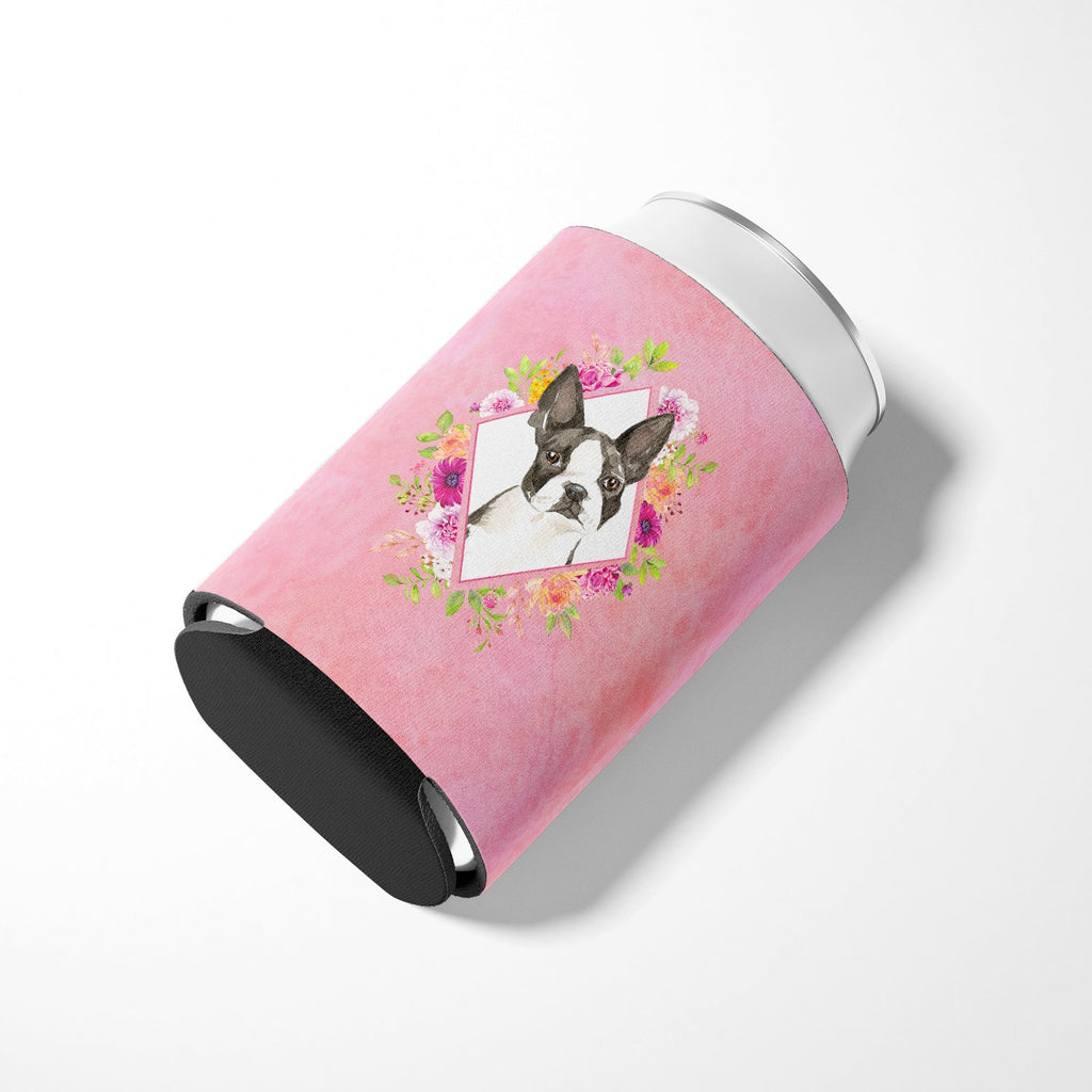 Boston Terrier Pink Flowers Can or Bottle Hugger Cooler Sleeve for Standard 12 oz Cans, Insulated Foam Beer & Soda Can Hugger Reusable