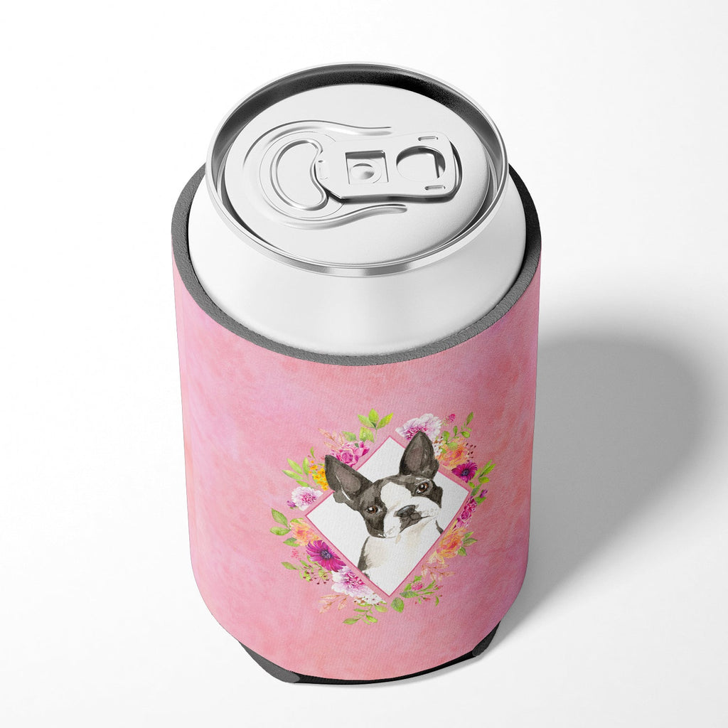 Boston Terrier Pink Flowers Can or Bottle Hugger Cooler Sleeve for Standard 12 oz Cans, Insulated Foam Beer & Soda Can Hugger Reusable