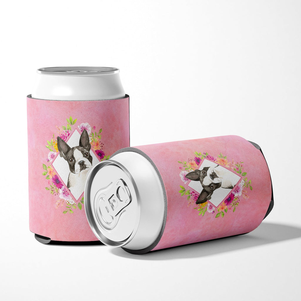 Boston Terrier Pink Flowers Can or Bottle Hugger Cooler Sleeve for Standard 12 oz Cans, Insulated Foam Beer & Soda Can Hugger Reusable