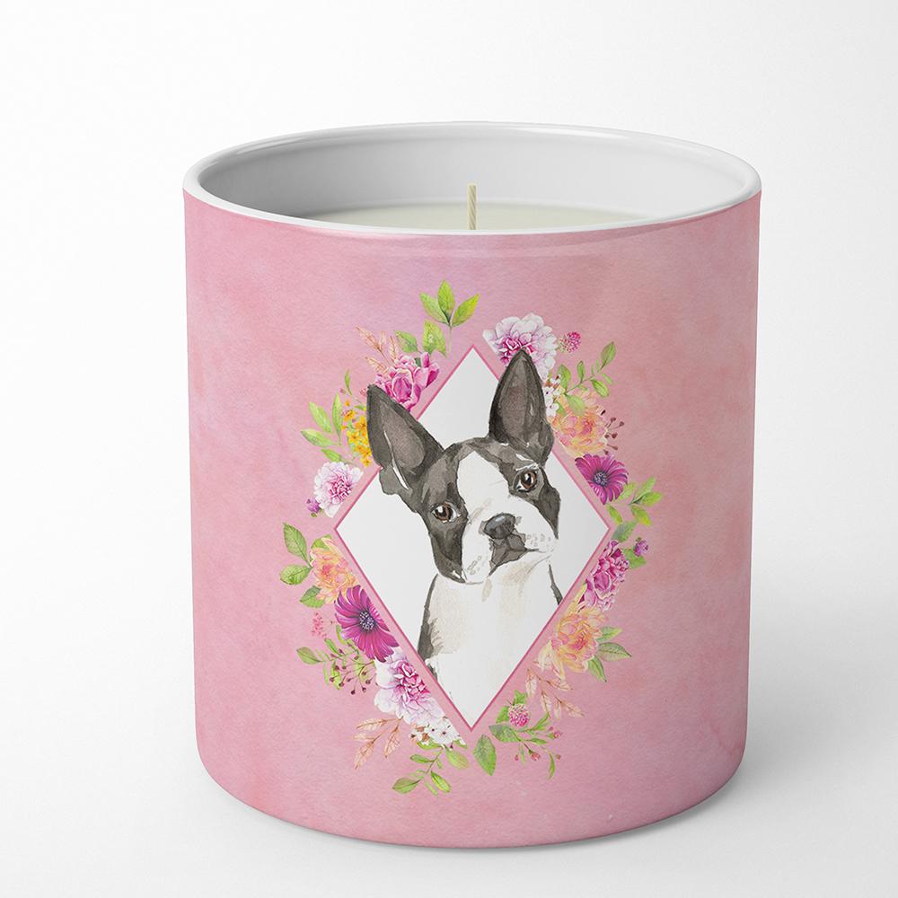 Boston Terrier Pink Flowers Decorative Soy Candle Nature Soy Wax Essential Oil Home Decor Ideal for Bedroom Kitchen Bath Office Gift, 10 oz