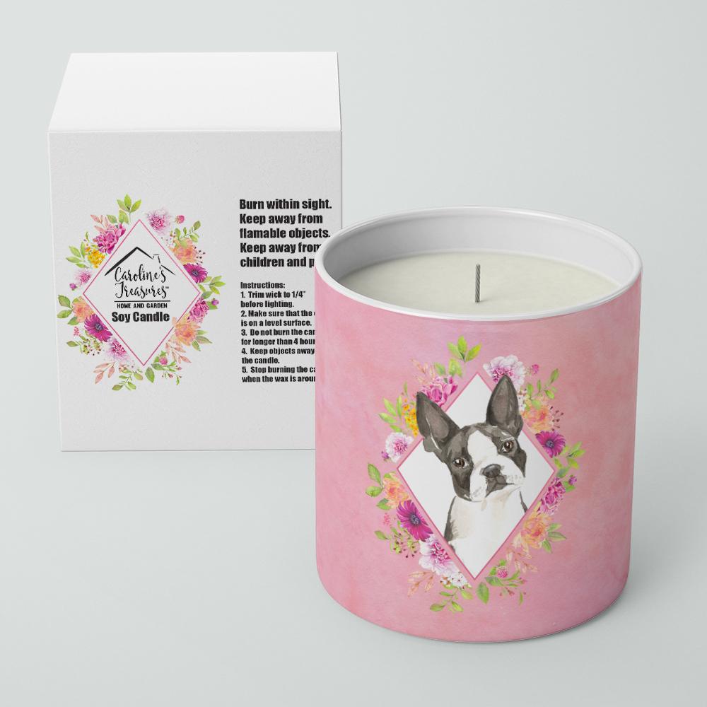 Boston Terrier Pink Flowers Decorative Soy Candle Nature Soy Wax Essential Oil Home Decor Ideal for Bedroom Kitchen Bath Office Gift, 10 oz