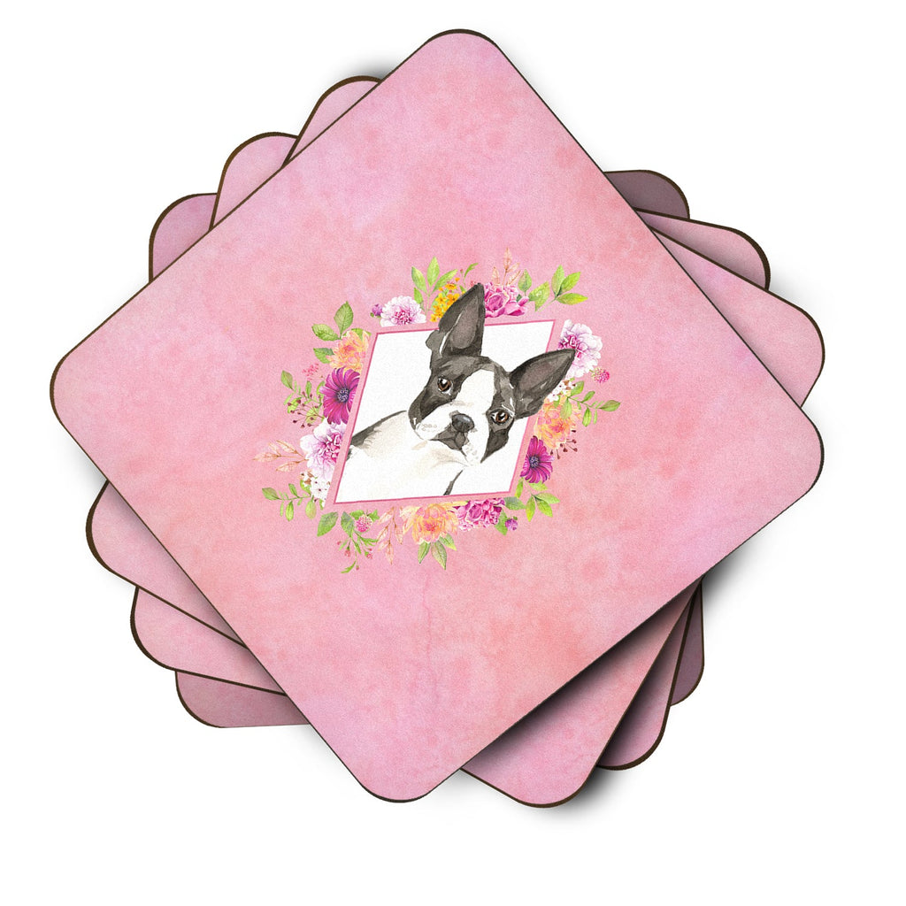 Boston Terrier Pink Flowers Foam Coasters Set of 4 Cup Coasters for Indoor Outdoor, Tabletop Protection, Anti Slip, Mouse pad Material
