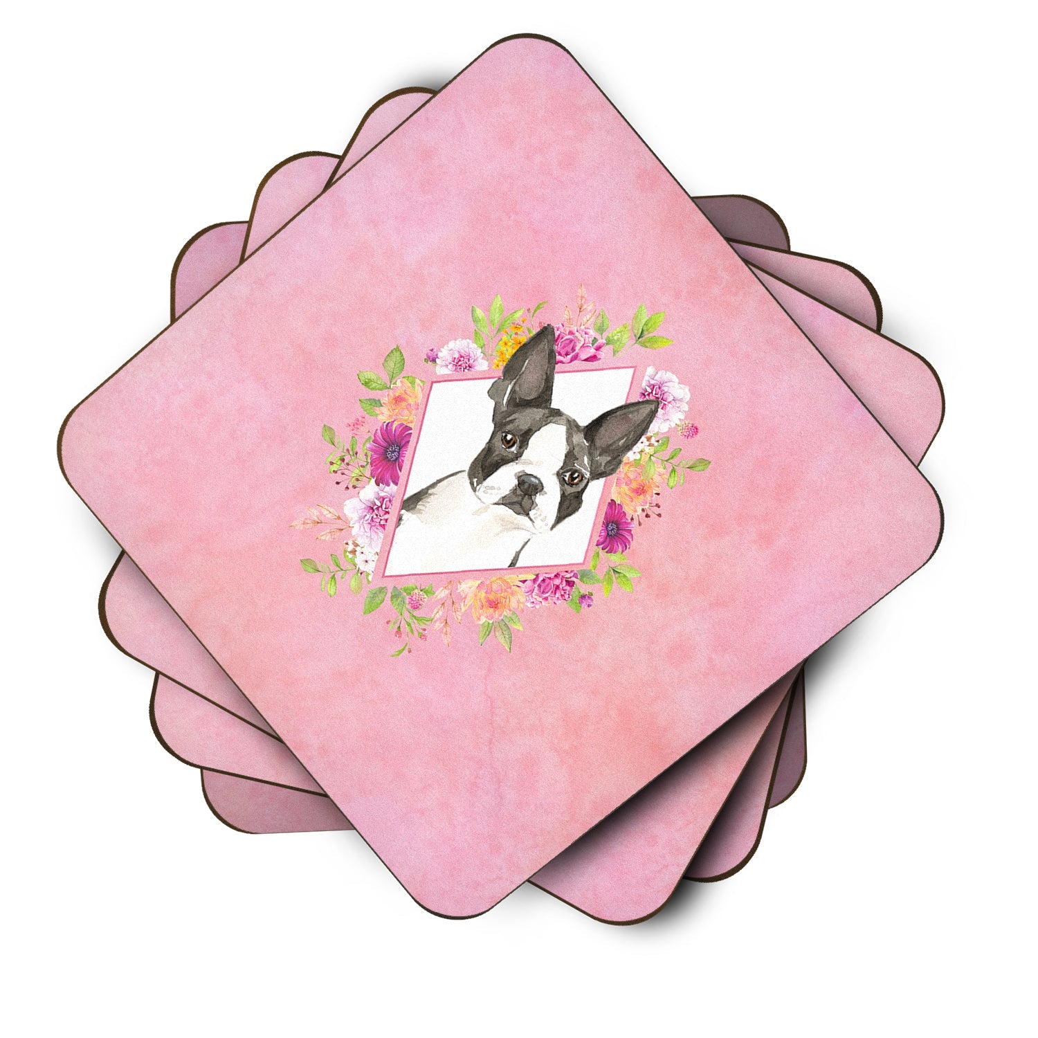 Boston Terrier Pink Flowers Foam Coasters Set of 4 Cup Coasters for Indoor Outdoor, Tabletop Protection, Anti Slip, Mouse pad Material