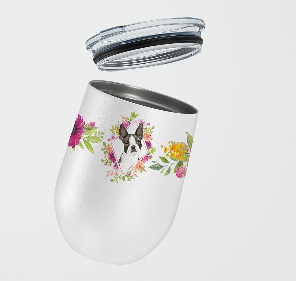 Boston Terrier Pink Flowers Stainless Steel 12 oz Stemless Wine Glass Insulated Wine Tumbler with Lid, Cute Travel Cup for Coffee, Cocktails, Gift Women, Mother
