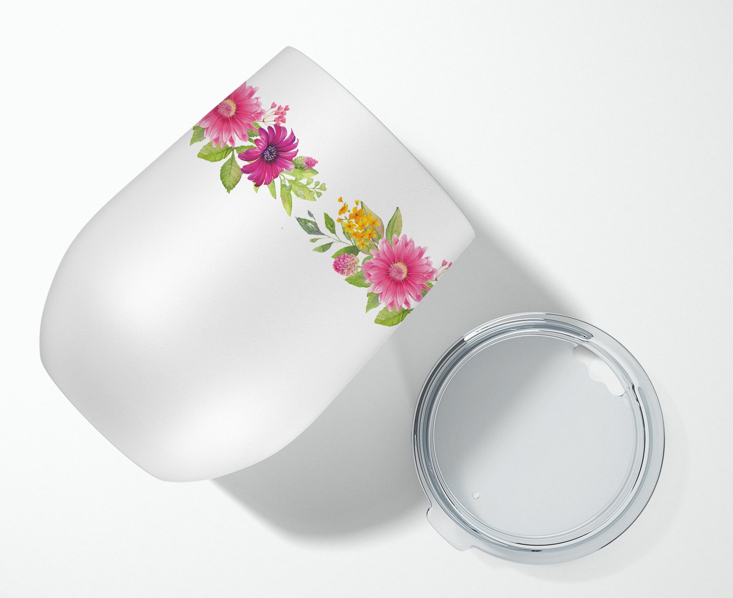 Boston Terrier Pink Flowers Stainless Steel 12 oz Stemless Wine Glass Insulated Wine Tumbler with Lid, Cute Travel Cup for Coffee, Cocktails, Gift Women, Mother