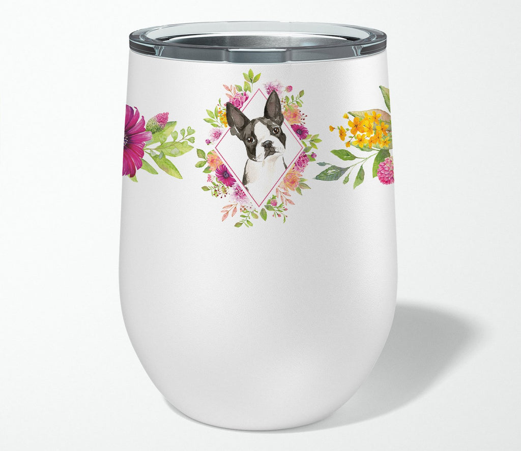 Boston Terrier Pink Flowers Stainless Steel 12 oz Stemless Wine Glass Insulated Wine Tumbler with Lid, Cute Travel Cup for Coffee, Cocktails, Gift Women, Mother