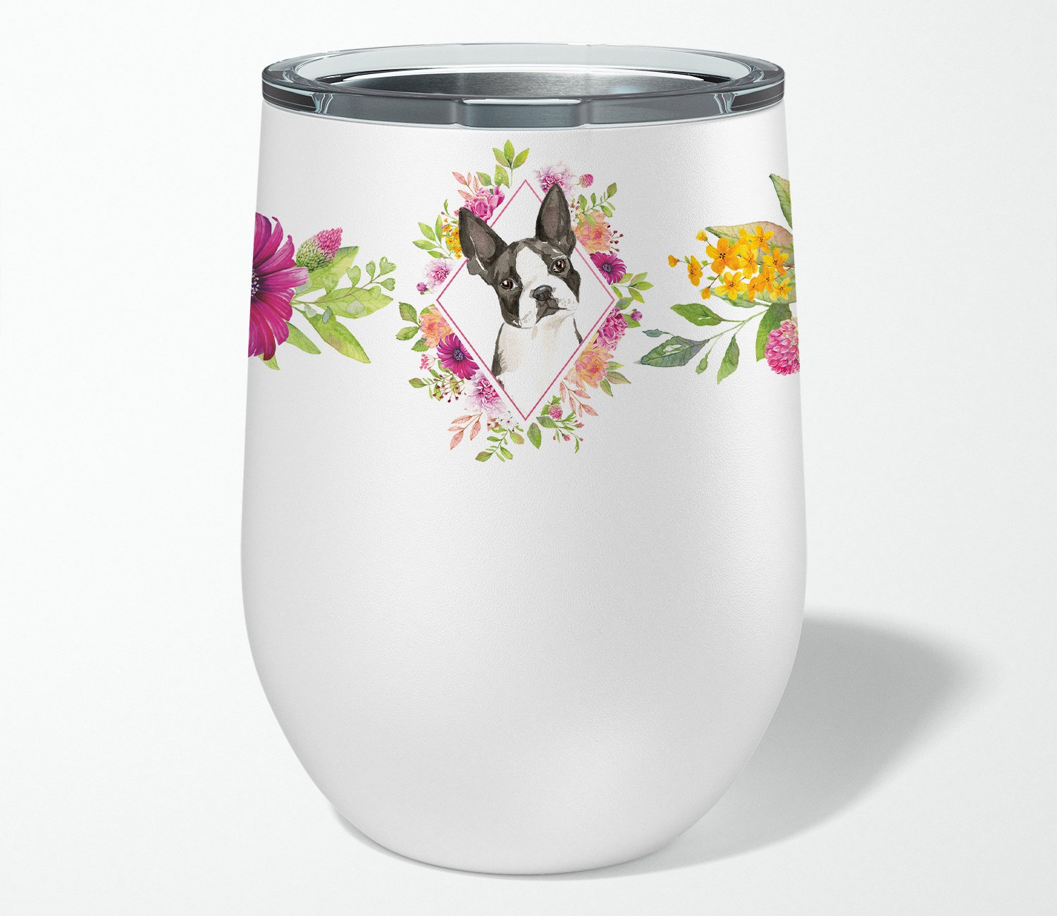 Boston Terrier Pink Flowers Stainless Steel 12 oz Stemless Wine Glass Insulated Wine Tumbler with Lid, Cute Travel Cup for Coffee, Cocktails, Gift Women, Mother