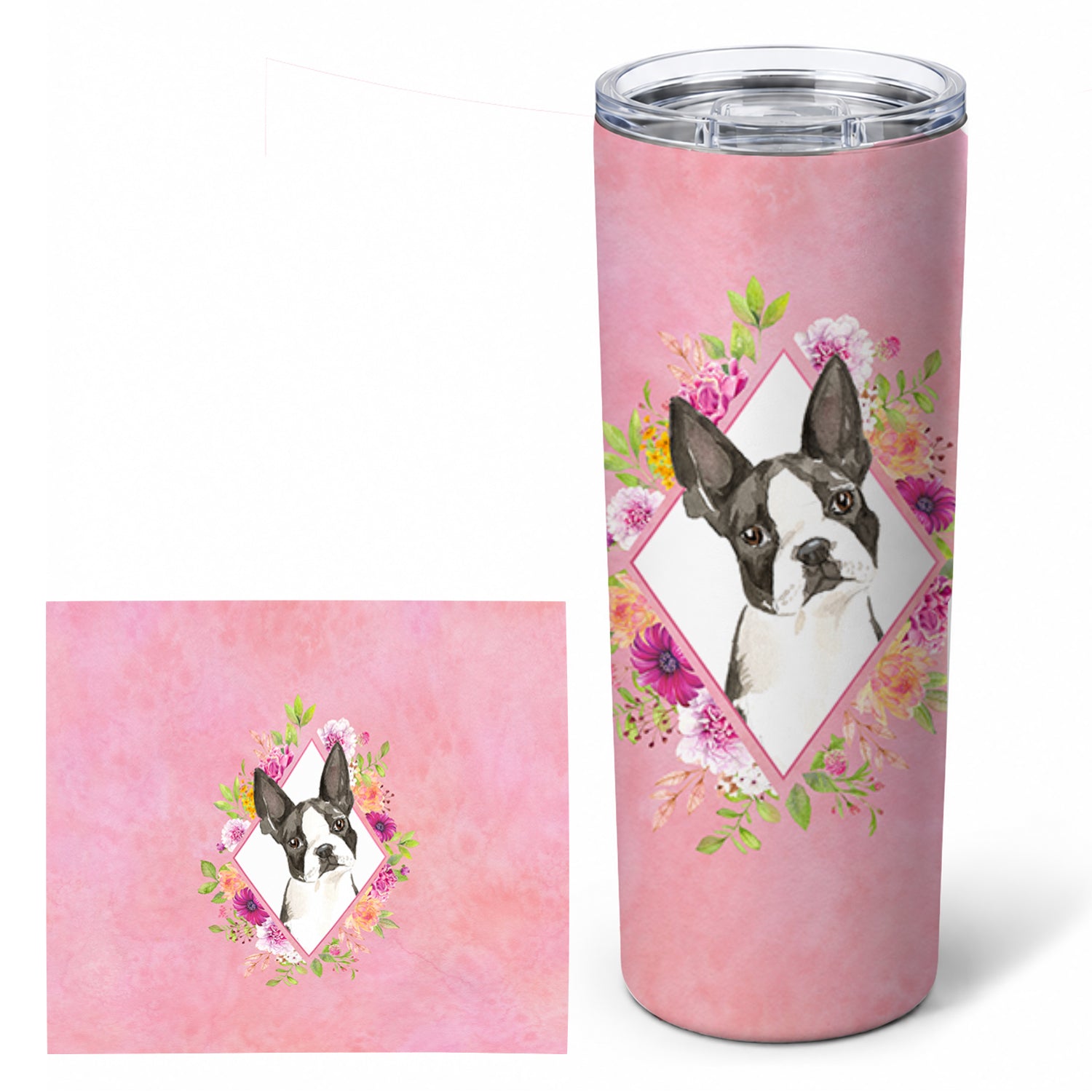 Boston Terrier Pink Flowers Stainless Steel Skinny Tumbler 20 oz Vacuum Double Walled Reusable Insulated Travel Cup
