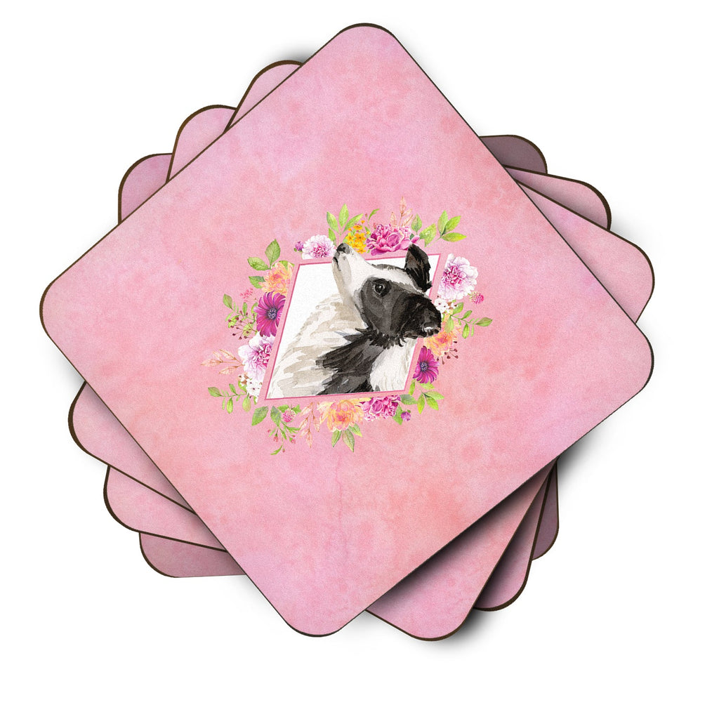 Border Collie Pink Flowers Foam Coasters Set of 4 Cup Coasters for Indoor Outdoor, Tabletop Protection, Anti Slip, Mouse pad Material