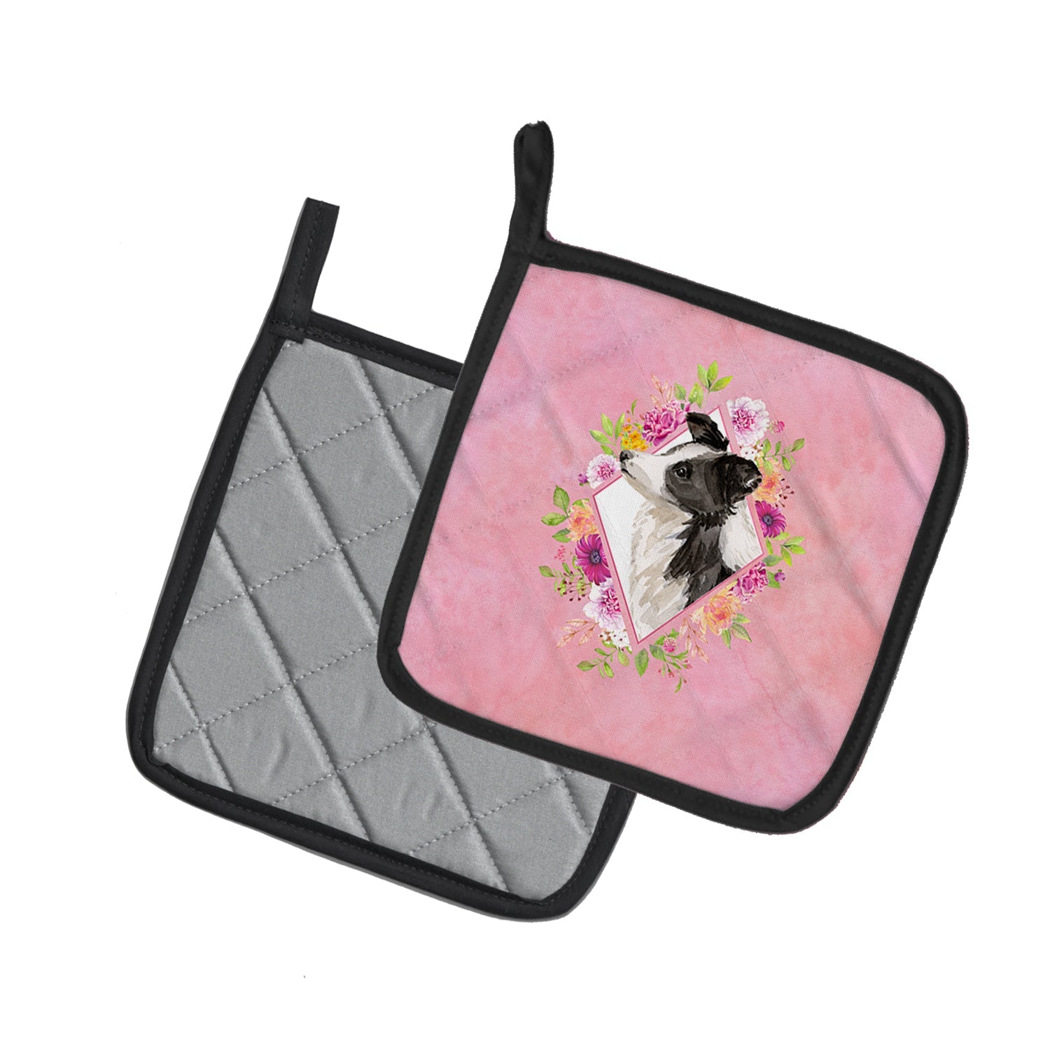Border Collie Pink Flowers Pot Holder Set of 2 Heat Resistant Quilted Hot Pads 7.5 x 7.5 Inch, Insulated Kitchen Trivets for Cooking & Baking