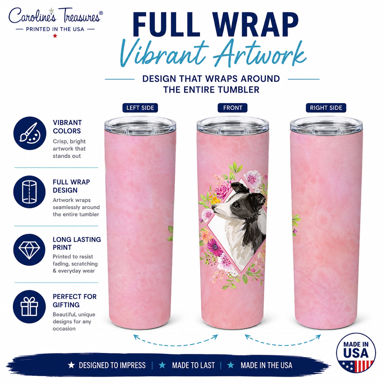 Border Collie Pink Flowers Stainless Steel Skinny Tumbler 20 oz Vacuum Double Walled Reusable Insulated Travel Cup