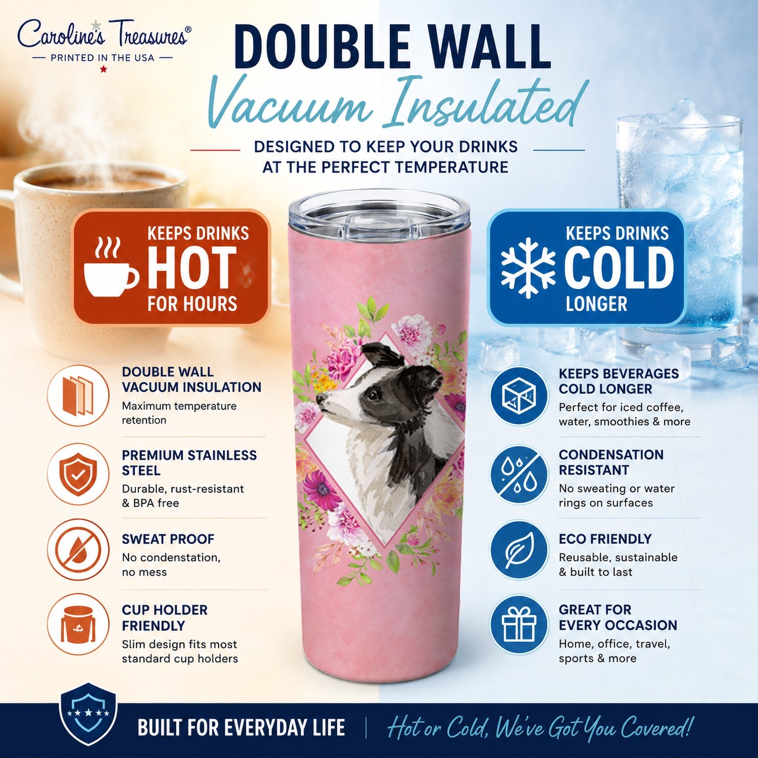 Border Collie Pink Flowers Stainless Steel Skinny Tumbler 20 oz Vacuum Double Walled Reusable Insulated Travel Cup