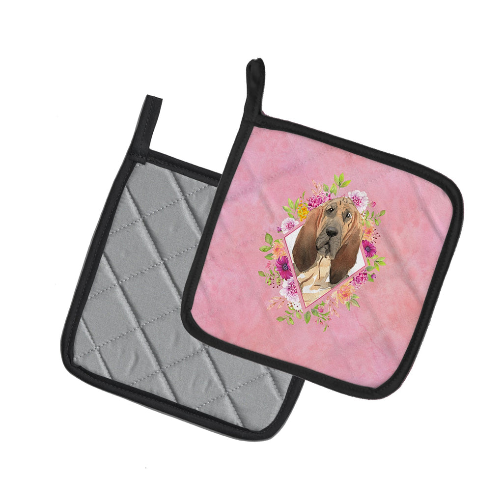 Bloodhound Pink Flowers Pot Holder Set of 2 Heat Resistant Quilted Hot Pads 7.5 x 7.5 Inch, Insulated Kitchen Trivets for Cooking & Baking