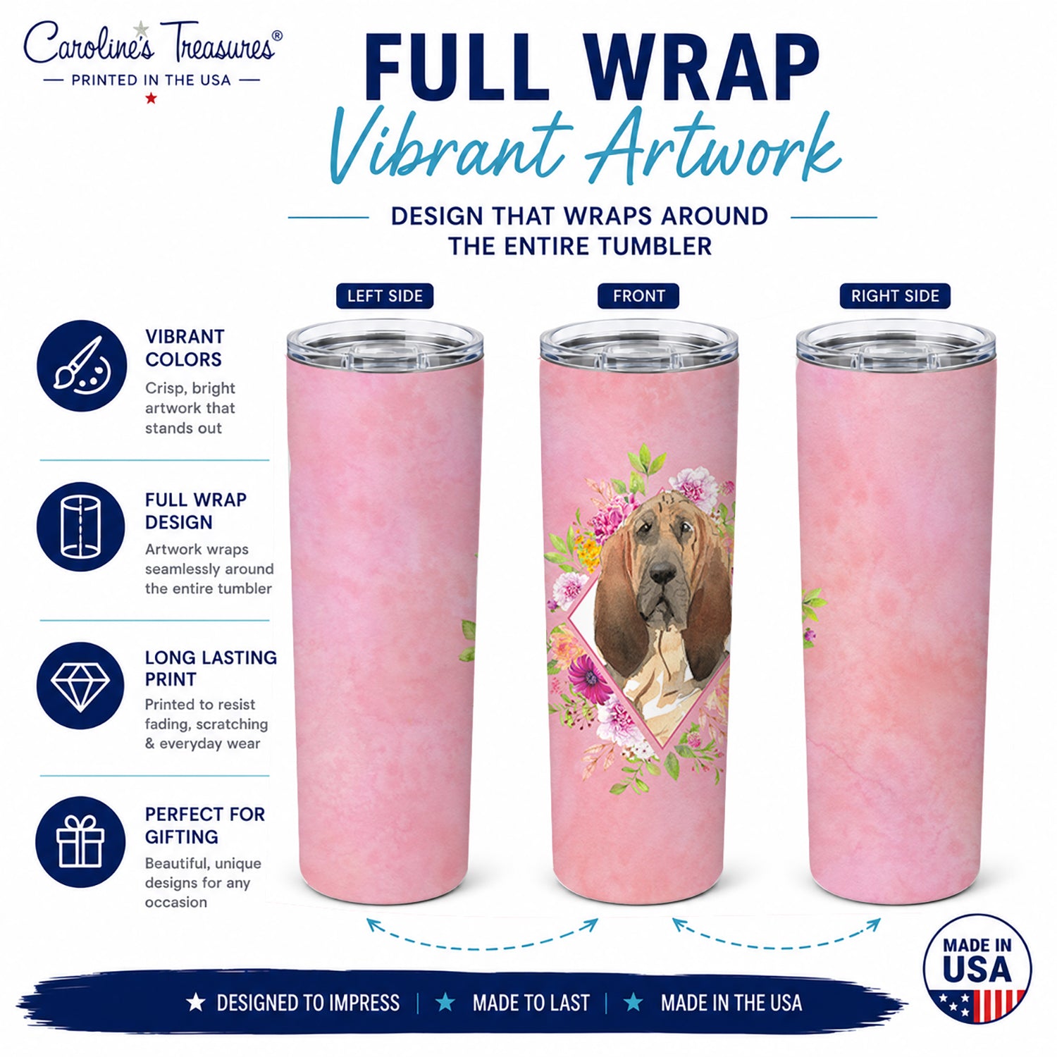 Bloodhound Pink Flowers Stainless Steel Skinny Tumbler 20 oz Vacuum Double Walled Reusable Insulated Travel Cup