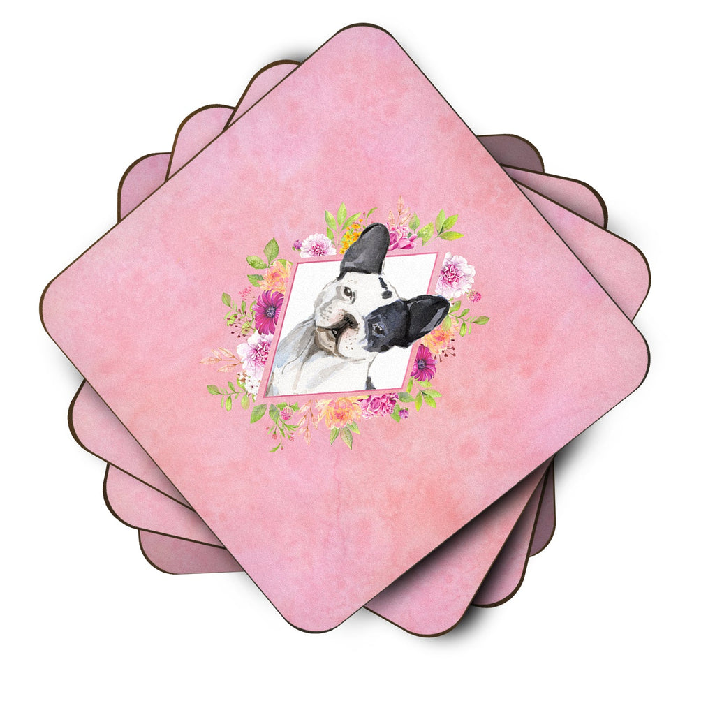 Black and White Frenchie Pink Flowers Foam Coasters Set of 4 Cup Coasters for Indoor Outdoor, Tabletop Protection, Anti Slip, Mouse pad Material