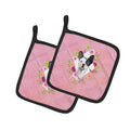 Black and White Frenchie Pink Flowers Pot Holder Set of 2 Heat Resistant Quilted Hot Pads 7.5 x 7.5 Inch, Insulated Kitchen Trivets for Cooking & Baking