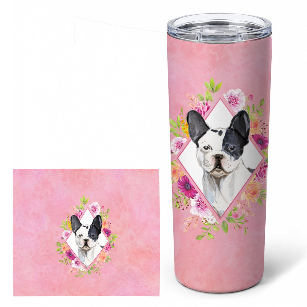 Black and White Frenchie Pink Flowers Stainless Steel Skinny Tumbler 20 oz Vacuum Double Walled Reusable Insulated Travel Cup