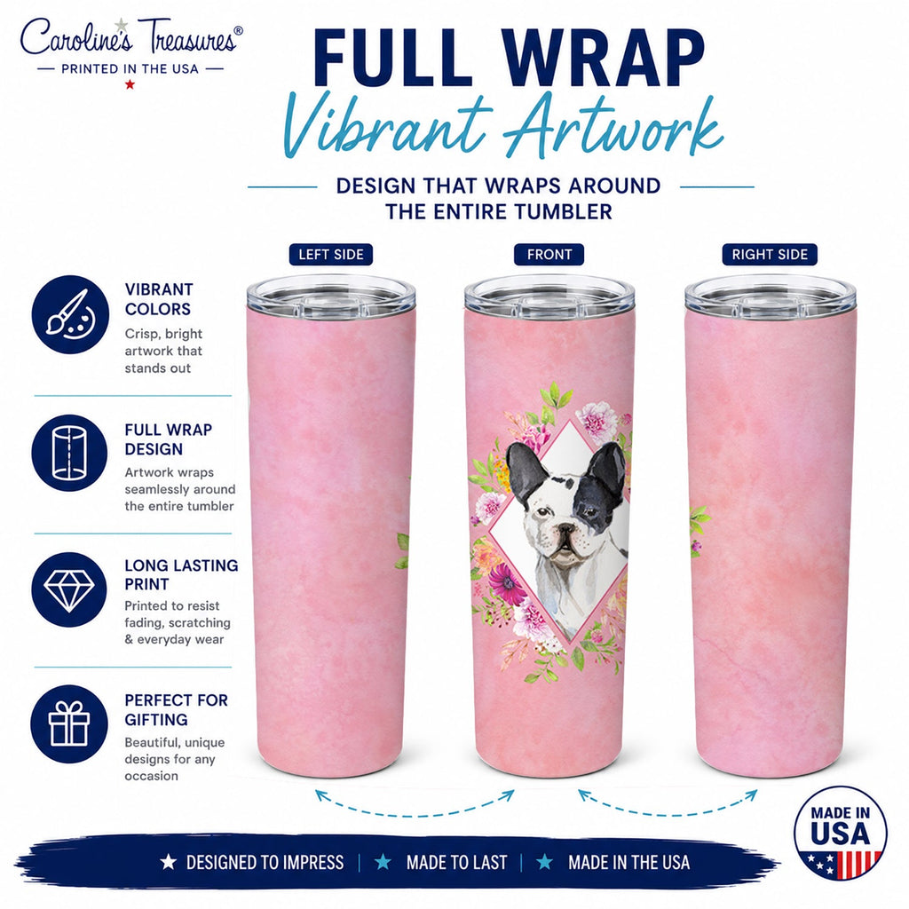 Black and White Frenchie Pink Flowers Stainless Steel Skinny Tumbler 20 oz Vacuum Double Walled Reusable Insulated Travel Cup