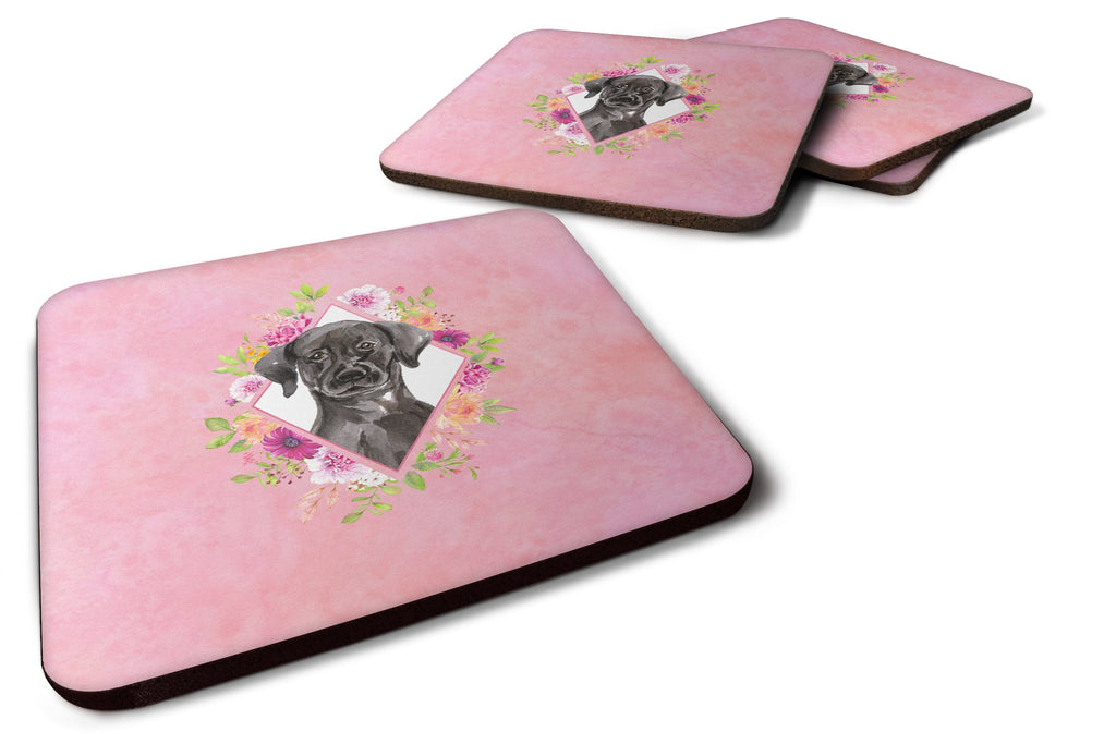 Black Labrador Pink Flowers Foam Coasters Set of 4 Cup Coasters for Indoor Outdoor, Tabletop Protection, Anti Slip, Mouse pad Material