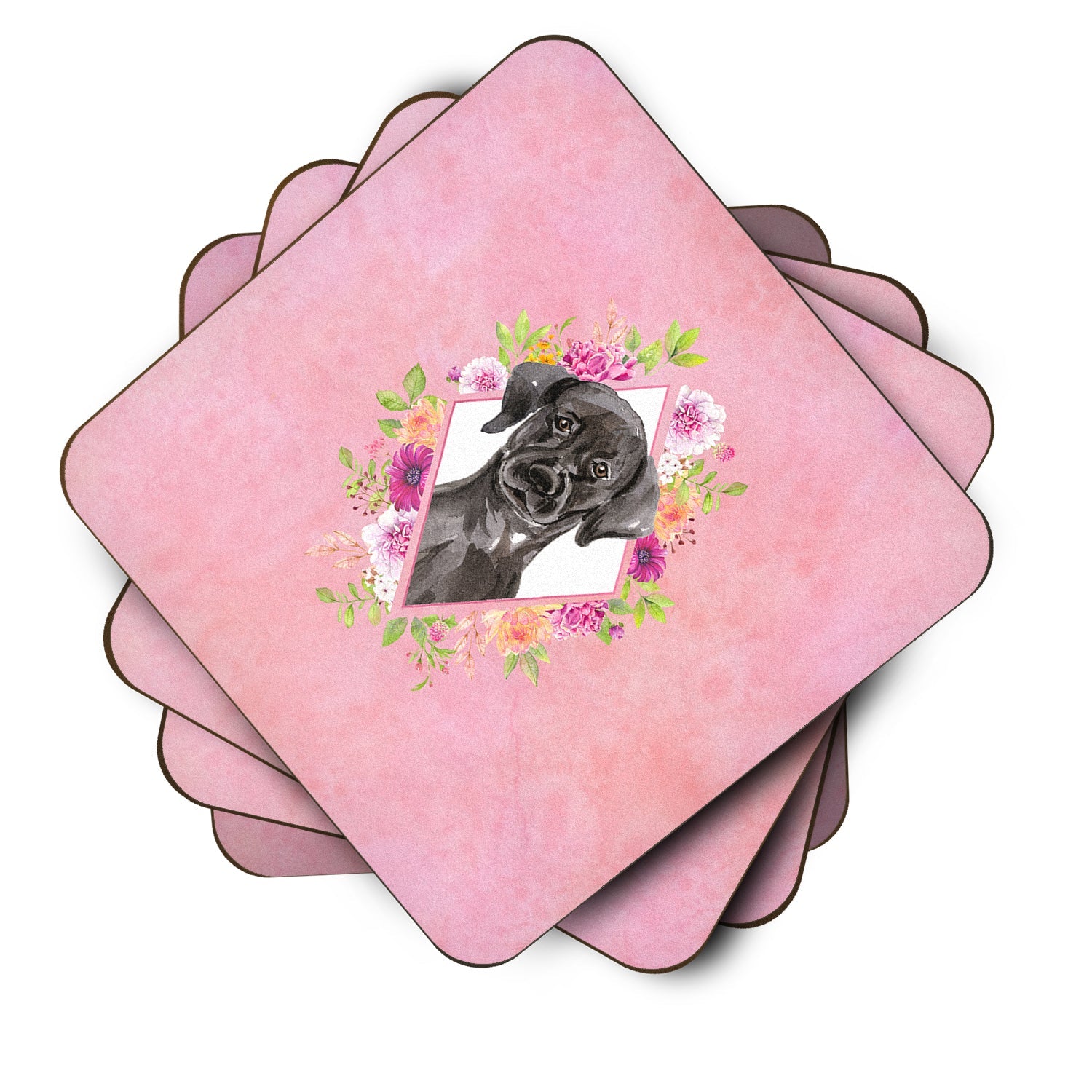 Black Labrador Pink Flowers Foam Coasters Set of 4 Cup Coasters for Indoor Outdoor, Tabletop Protection, Anti Slip, Mouse pad Material