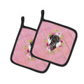 Black Labrador Pink Flowers Pot Holder Set of 2 Heat Resistant Quilted Hot Pads 7.5 x 7.5 Inch, Insulated Kitchen Trivets for Cooking & Baking