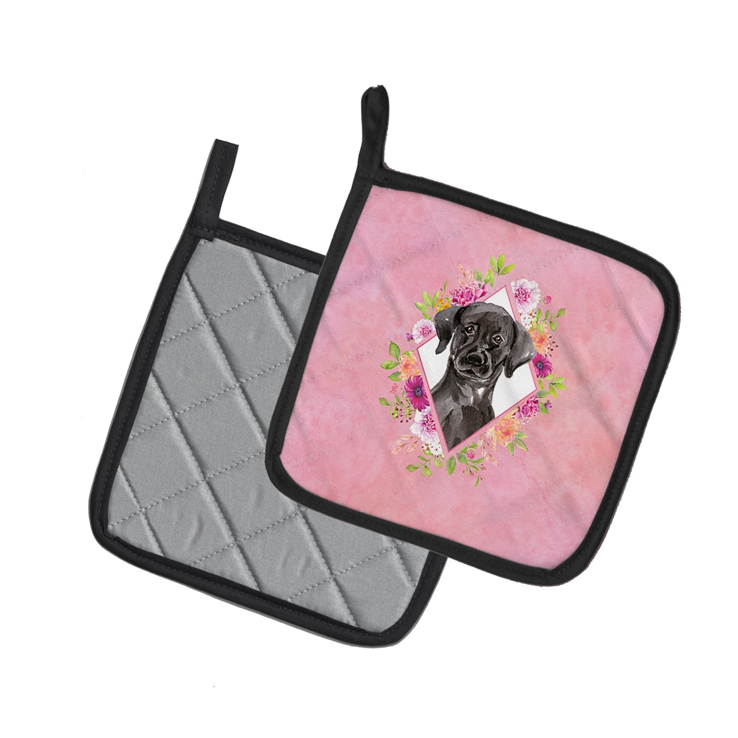 Black Labrador Pink Flowers Pot Holder Set of 2 Heat Resistant Quilted Hot Pads 7.5 x 7.5 Inch, Insulated Kitchen Trivets for Cooking & Baking