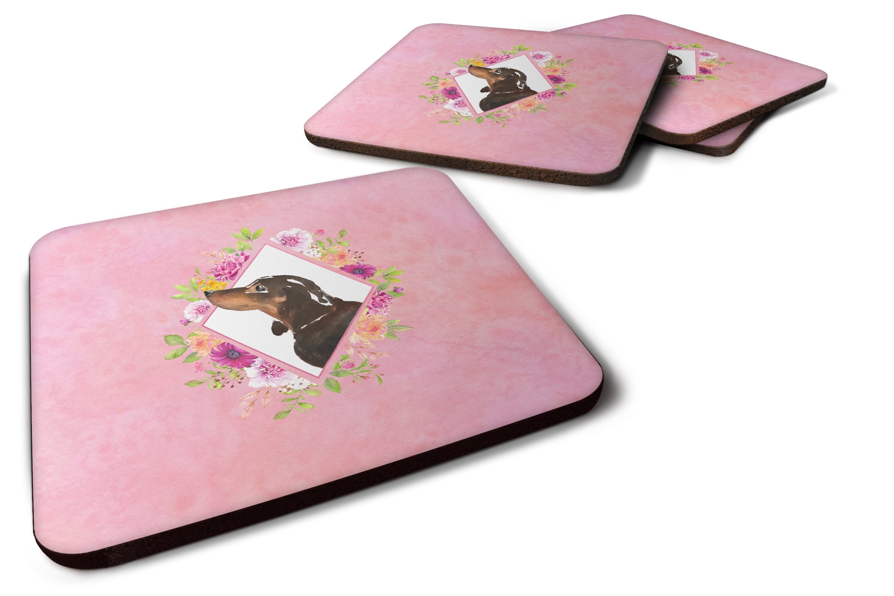 Black and Tan Dachshund Pink Flowers Foam Coasters Set of 4 Cup Coasters for Indoor Outdoor, Tabletop Protection, Anti Slip, Mouse pad Material