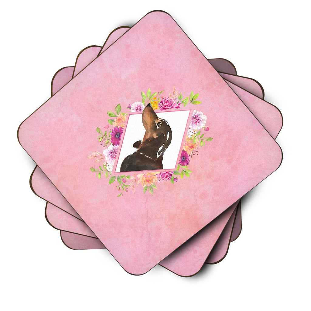 Black and Tan Dachshund Pink Flowers Foam Coasters Set of 4 Cup Coasters for Indoor Outdoor, Tabletop Protection, Anti Slip, Mouse pad Material