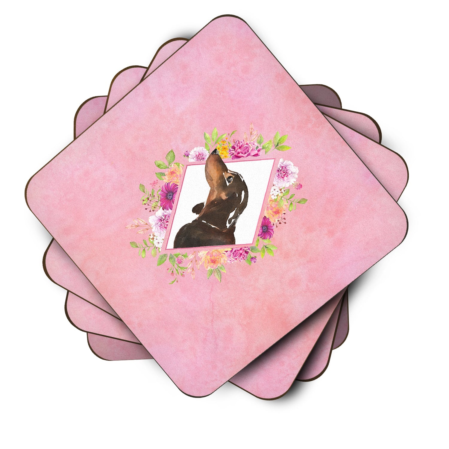 Black and Tan Dachshund Pink Flowers Foam Coasters Set of 4 Cup Coasters for Indoor Outdoor, Tabletop Protection, Anti Slip, Mouse pad Material