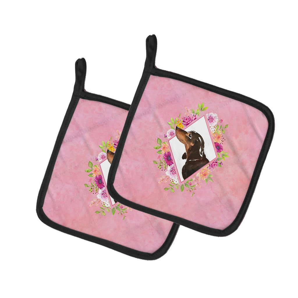 Black and Tan Dachshund Pink Flowers Pot Holder Set of 2 Heat Resistant Quilted Hot Pads 7.5 x 7.5 Inch, Insulated Kitchen Trivets for Cooking & Baking