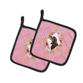 Black and Tan Dachshund Pink Flowers Pot Holder Set of 2 Heat Resistant Quilted Hot Pads 7.5 x 7.5 Inch, Insulated Kitchen Trivets for Cooking & Baking