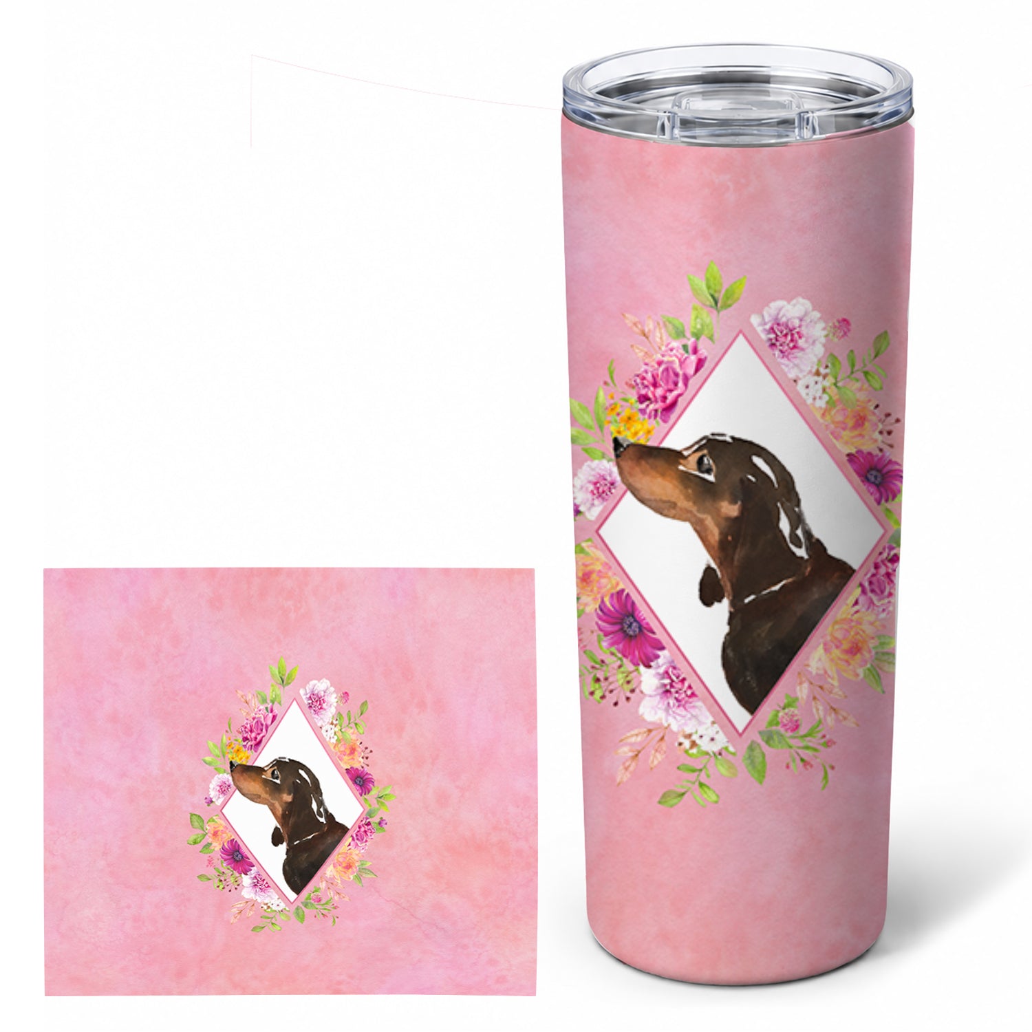 Black and Tan Dachshund Pink Flowers Stainless Steel Skinny Tumbler 20 oz Vacuum Double Walled Reusable Insulated Travel Cup