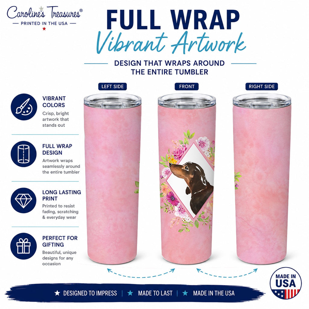 Black and Tan Dachshund Pink Flowers Stainless Steel Skinny Tumbler 20 oz Vacuum Double Walled Reusable Insulated Travel Cup
