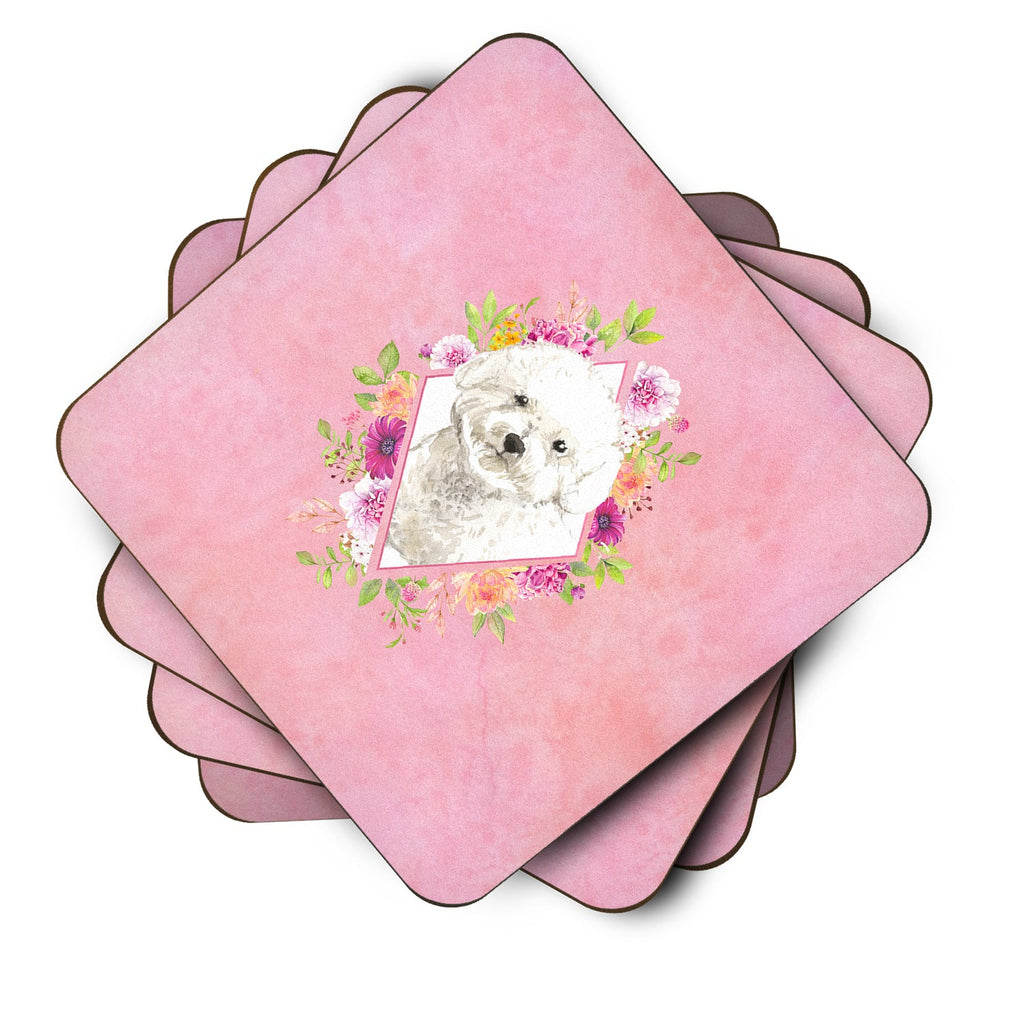 Bichon Frise Pink Flowers Foam Coasters Set of 4 Cup Coasters for Indoor Outdoor, Tabletop Protection, Anti Slip, Mouse pad Material