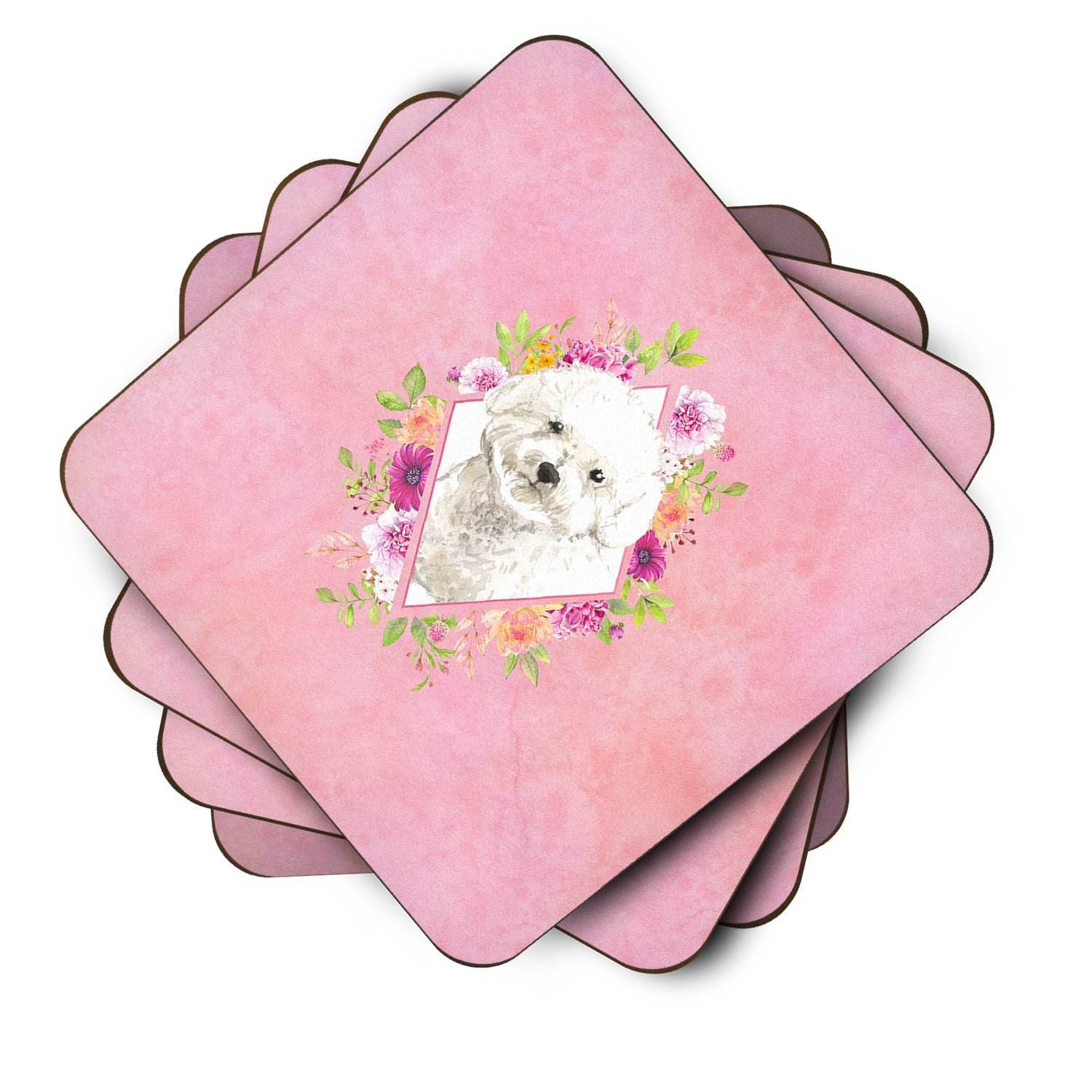 Bichon Frise Pink Flowers Foam Coasters Set of 4 Cup Coasters for Indoor Outdoor, Tabletop Protection, Anti Slip, Mouse pad Material