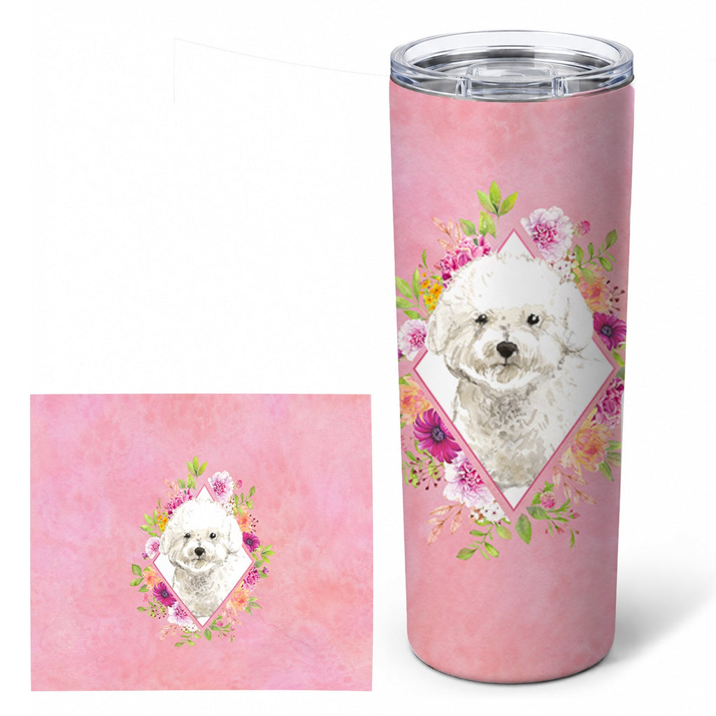 Bichon Frise Pink Flowers Stainless Steel Skinny Tumbler 20 oz Vacuum Double Walled Reusable Insulated Travel Cup
