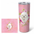 Bichon Frise Pink Flowers Stainless Steel Skinny Tumbler 20 oz Vacuum Double Walled Reusable Insulated Travel Cup