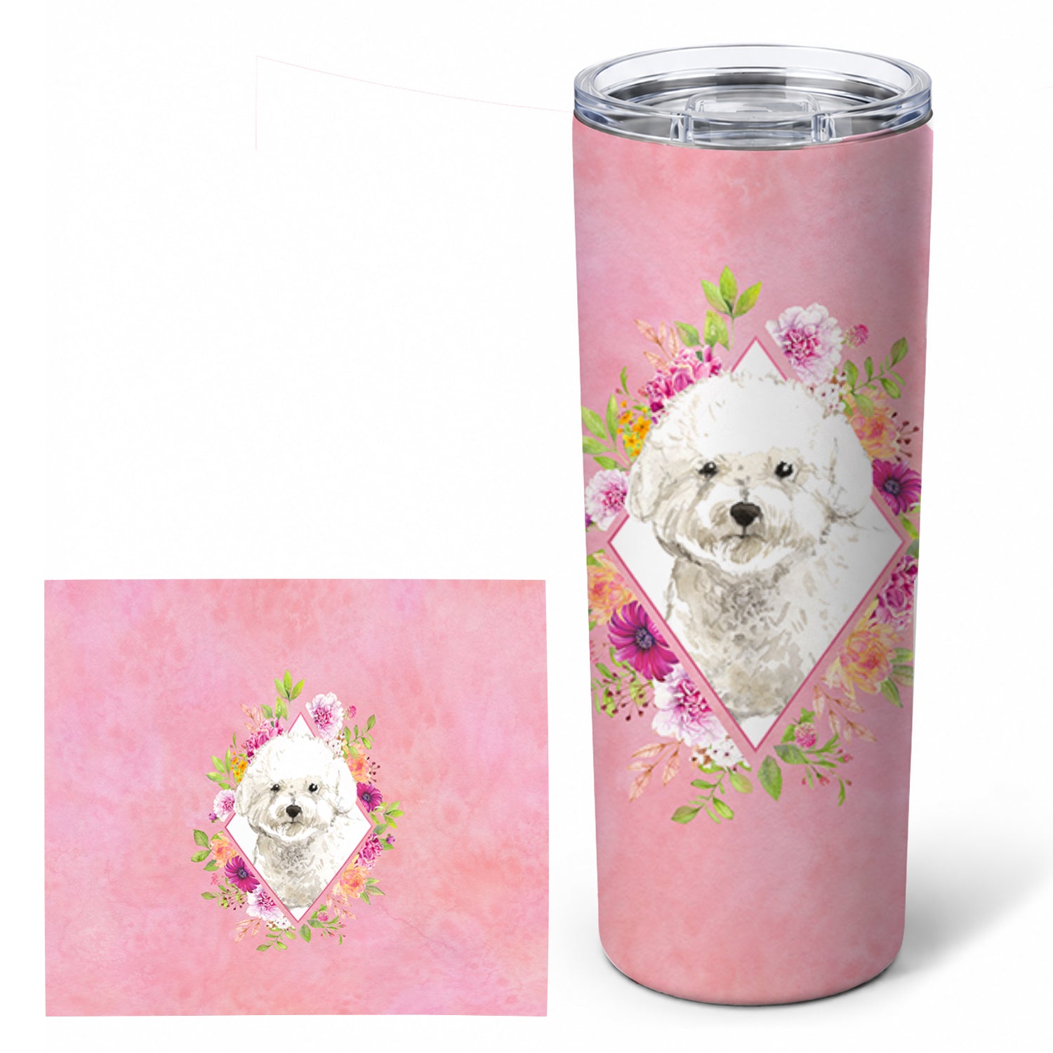 Bichon Frise Pink Flowers Stainless Steel Skinny Tumbler 20 oz Vacuum Double Walled Reusable Insulated Travel Cup