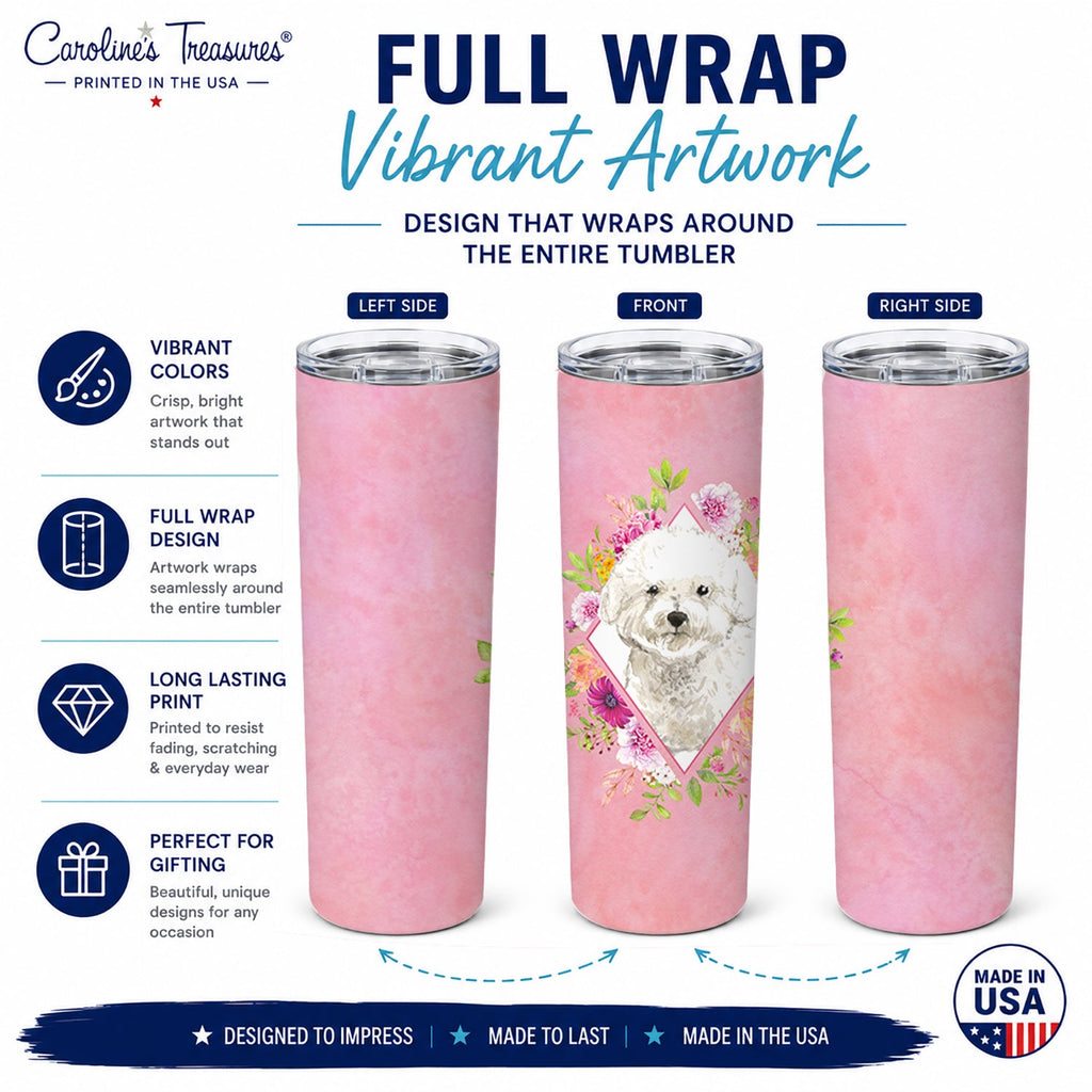 Bichon Frise Pink Flowers Stainless Steel Skinny Tumbler 20 oz Vacuum Double Walled Reusable Insulated Travel Cup
