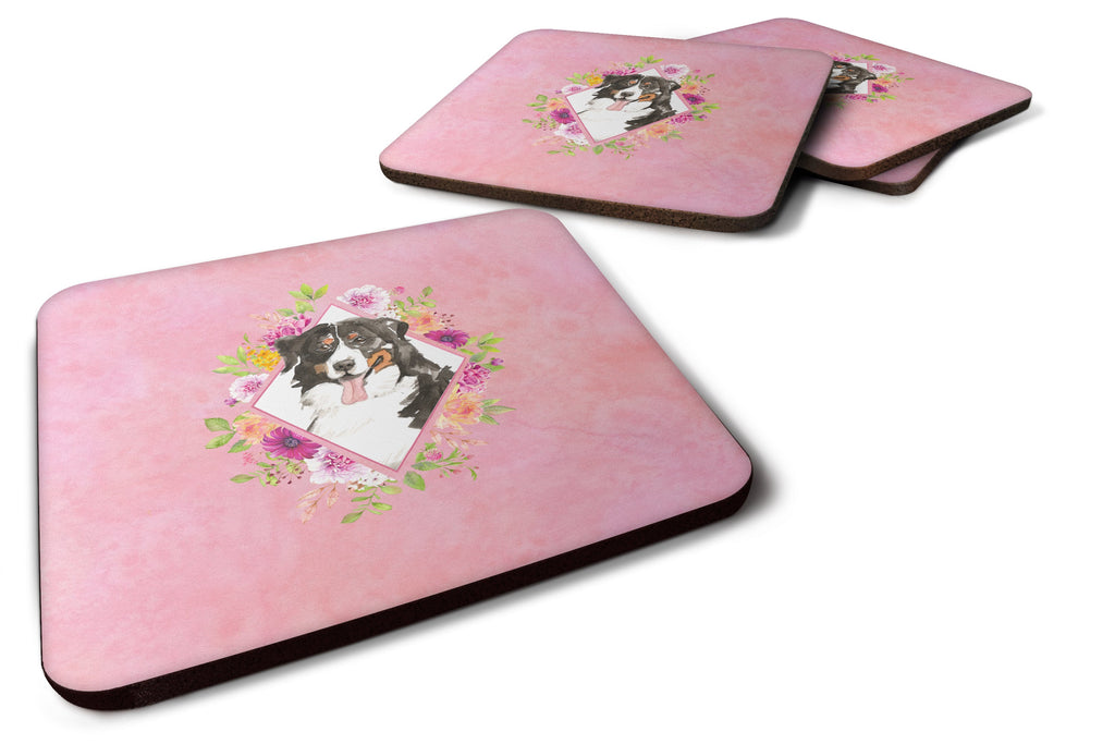 Bernese Mountain Dog Pink Flowers Foam Coasters Set of 4 Cup Coasters for Indoor Outdoor, Tabletop Protection, Anti Slip, Mouse pad Material