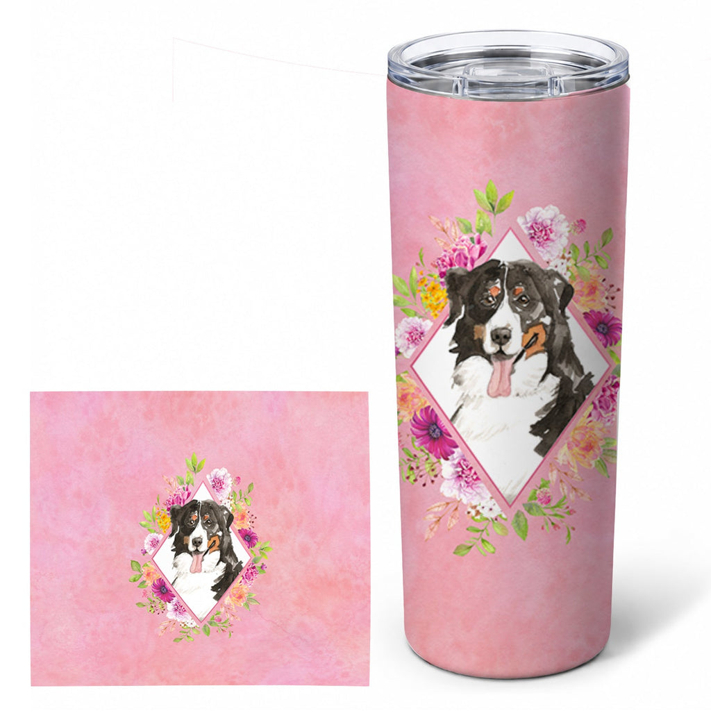 Bernese Mountain Dog Pink Flowers Stainless Steel Skinny Tumbler 20 oz Vacuum Double Walled Reusable Insulated Travel Cup