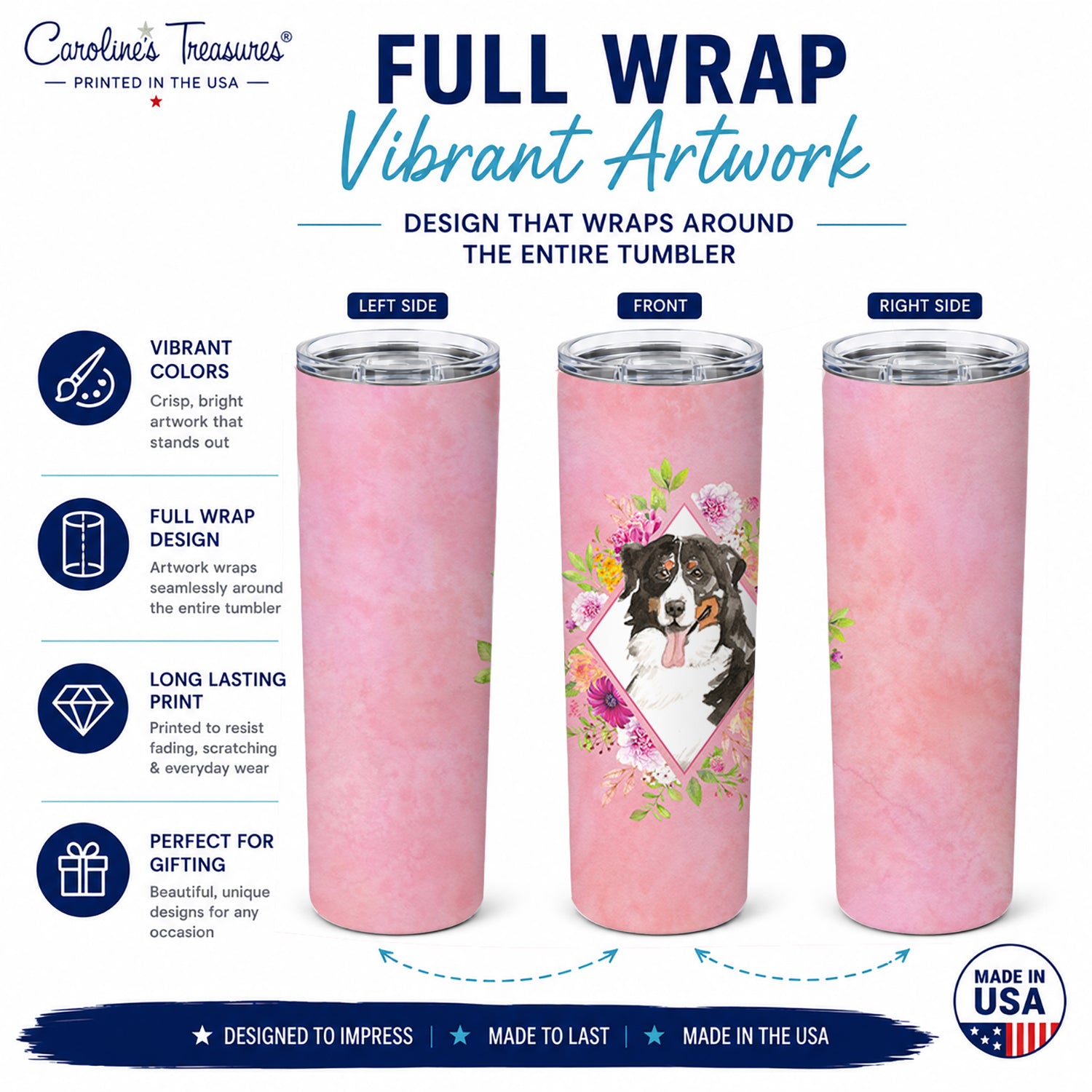 Bernese Mountain Dog Pink Flowers Stainless Steel Skinny Tumbler 20 oz Vacuum Double Walled Reusable Insulated Travel Cup