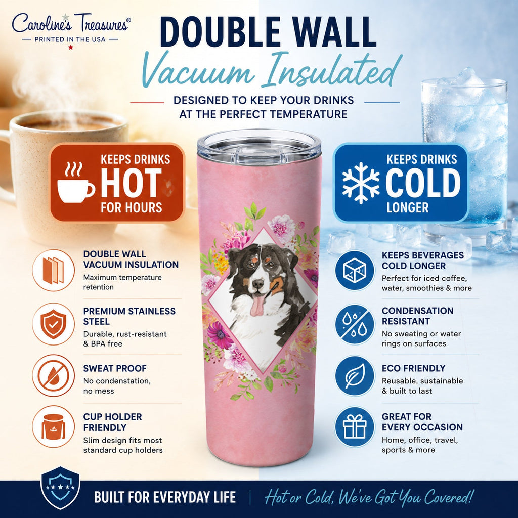 Bernese Mountain Dog Pink Flowers Stainless Steel Skinny Tumbler 20 oz Vacuum Double Walled Reusable Insulated Travel Cup