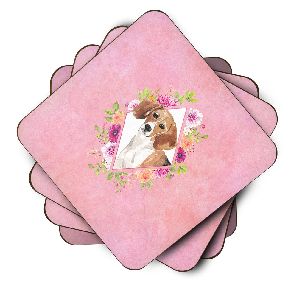Beagle Pink Flowers Foam Coasters Set of 4 Cup Coasters for Indoor Outdoor, Tabletop Protection, Anti Slip, Mouse pad Material