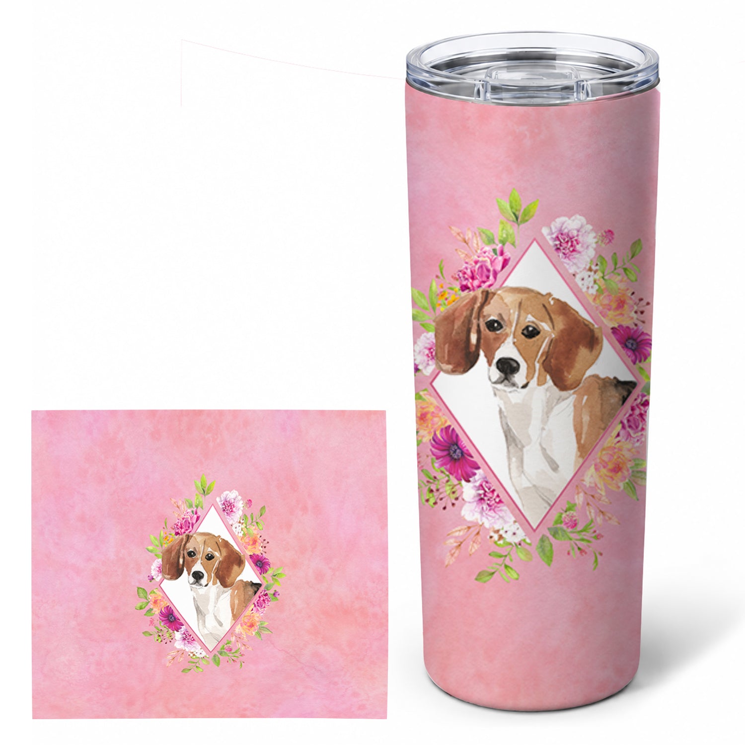 Beagle Pink Flowers Stainless Steel Skinny Tumbler 20 oz Vacuum Double Walled Reusable Insulated Travel Cup