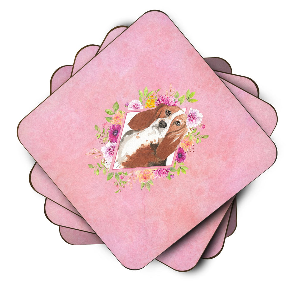 Basset Hound Pink Flowers Foam Coasters Set of 4 Cup Coasters for Indoor Outdoor, Tabletop Protection, Anti Slip, Mouse pad Material