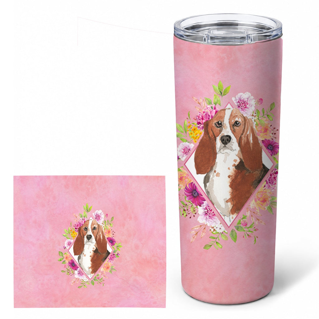 Basset Hound Pink Flowers Stainless Steel Skinny Tumbler 20 oz Vacuum Double Walled Reusable Insulated Travel Cup