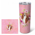 Basset Hound Pink Flowers Stainless Steel Skinny Tumbler 20 oz Vacuum Double Walled Reusable Insulated Travel Cup