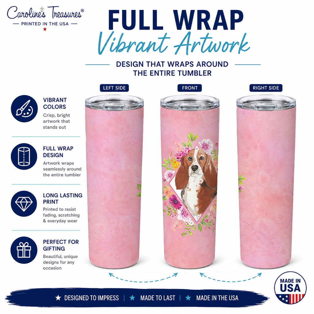 Basset Hound Pink Flowers Stainless Steel Skinny Tumbler 20 oz Vacuum Double Walled Reusable Insulated Travel Cup